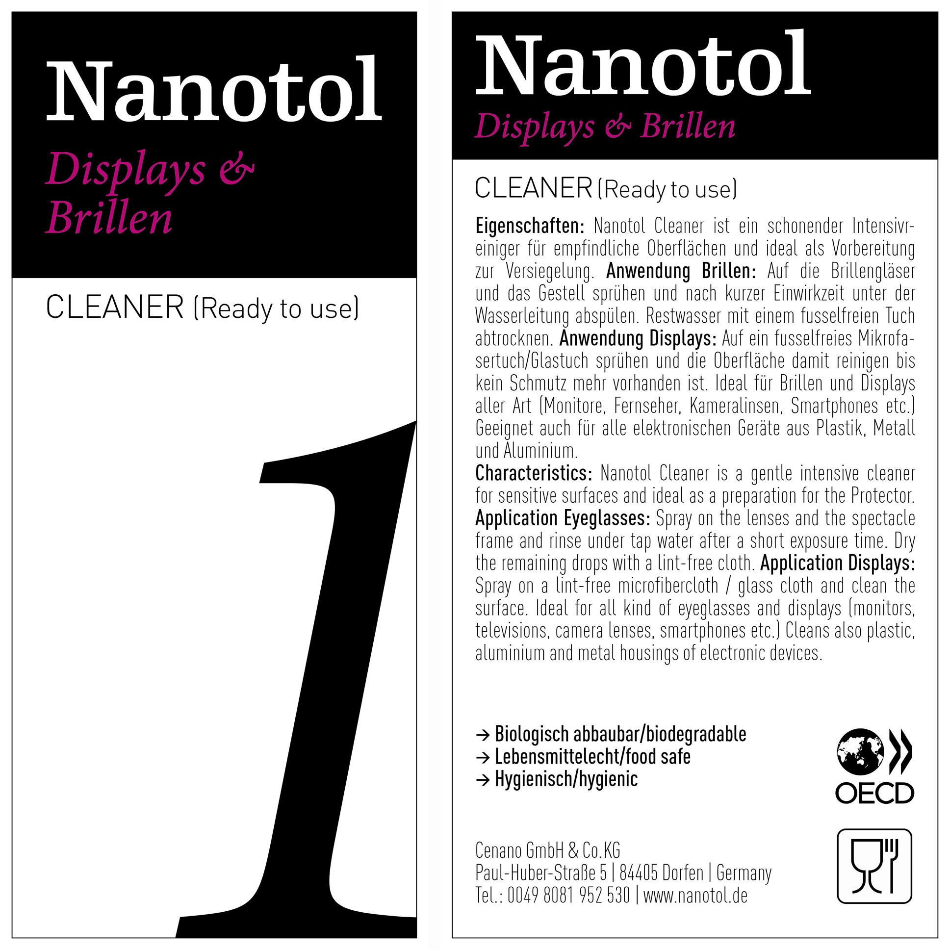 Etikett von Nanotol Displays und Brillen Cleaner