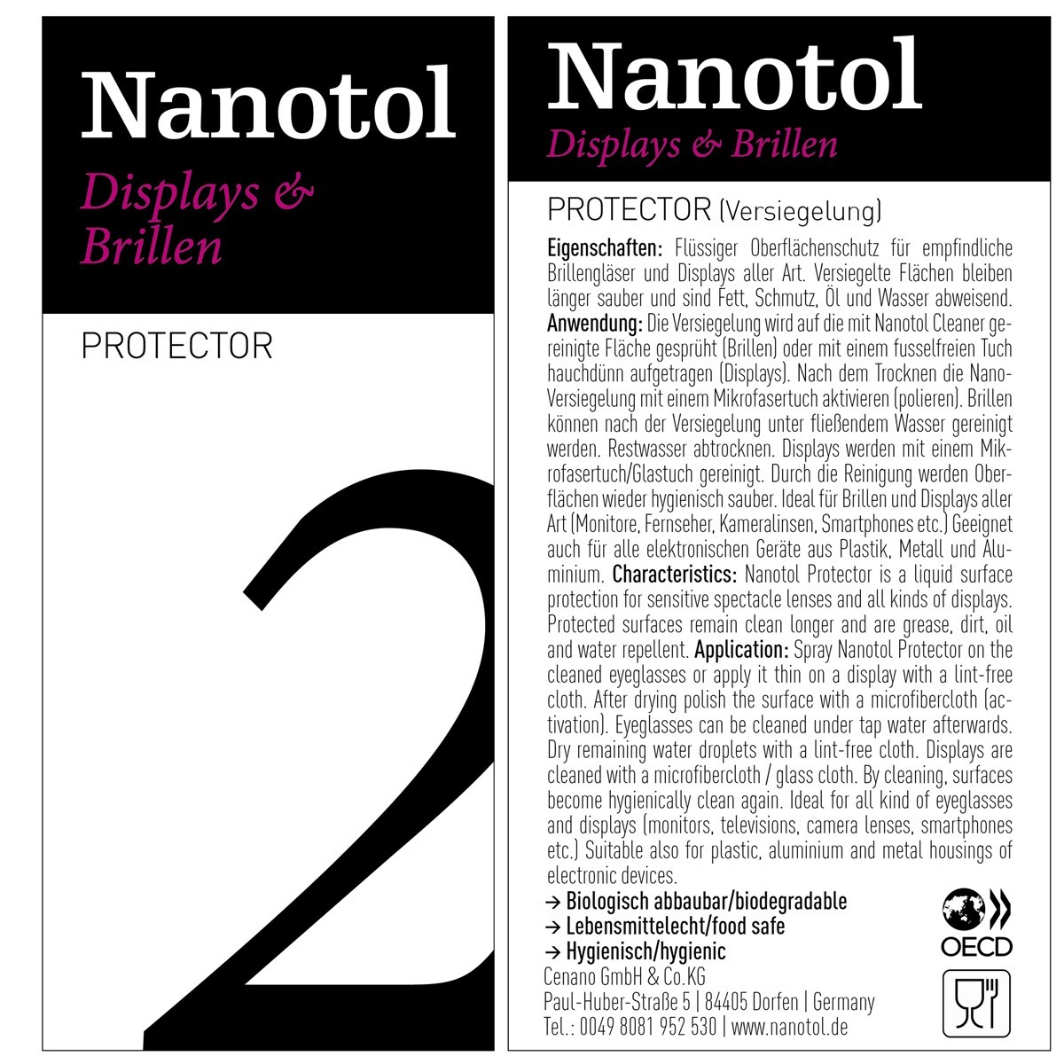 Etikett von Nanotol Displays und Brillen Protector